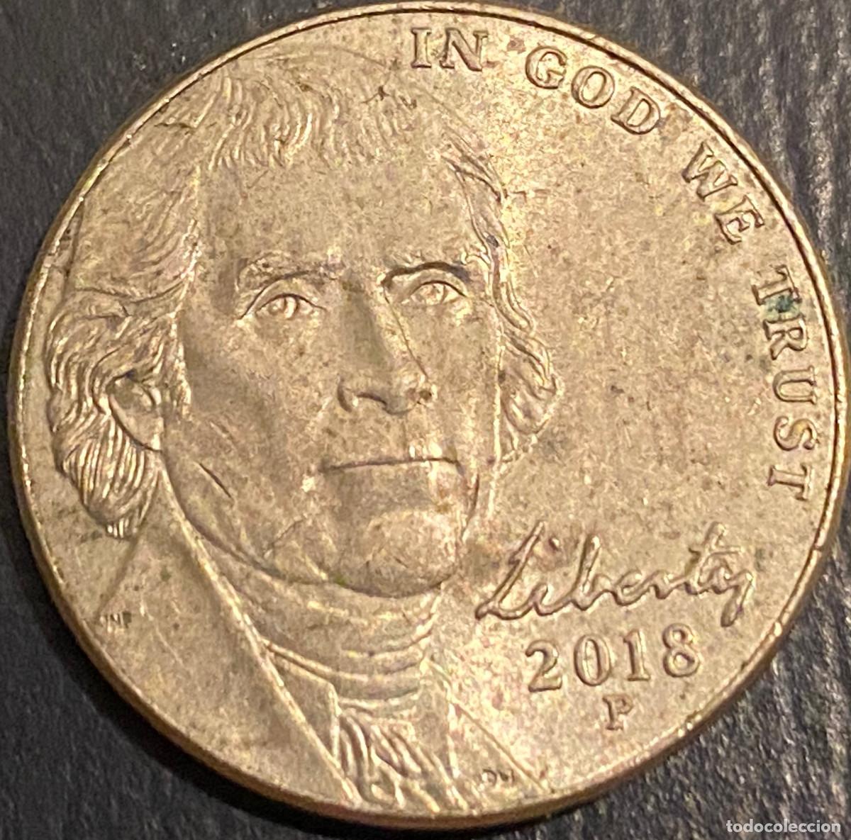 Monedas antiguas de Am&eacute;rica: Moneda de 1 Nickel (5 centavos de d&oacute;lar). USA. A&ntilde;o 2018. Ceca P. Presidente Jefferson. Buen estado.