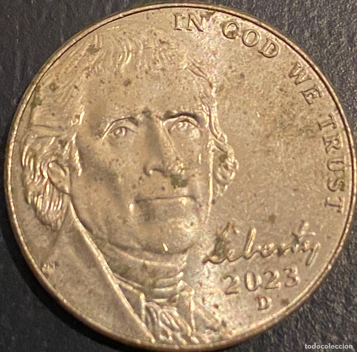 Monedas antiguas de Am&eacute;rica: Moneda de 1 Nickel (5 centavos de d&oacute;lar). USA. A&ntilde;o 2023. Ceca D. Presidente Jefferson. Buen estado.