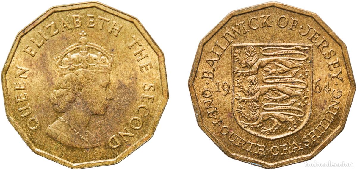 Monedas antiguas de Am&eacute;rica: Jersey British dependency 1964 &frac14; Shilling - Elizabeth II (1st portrait) Nickel brass Royal Mint (To