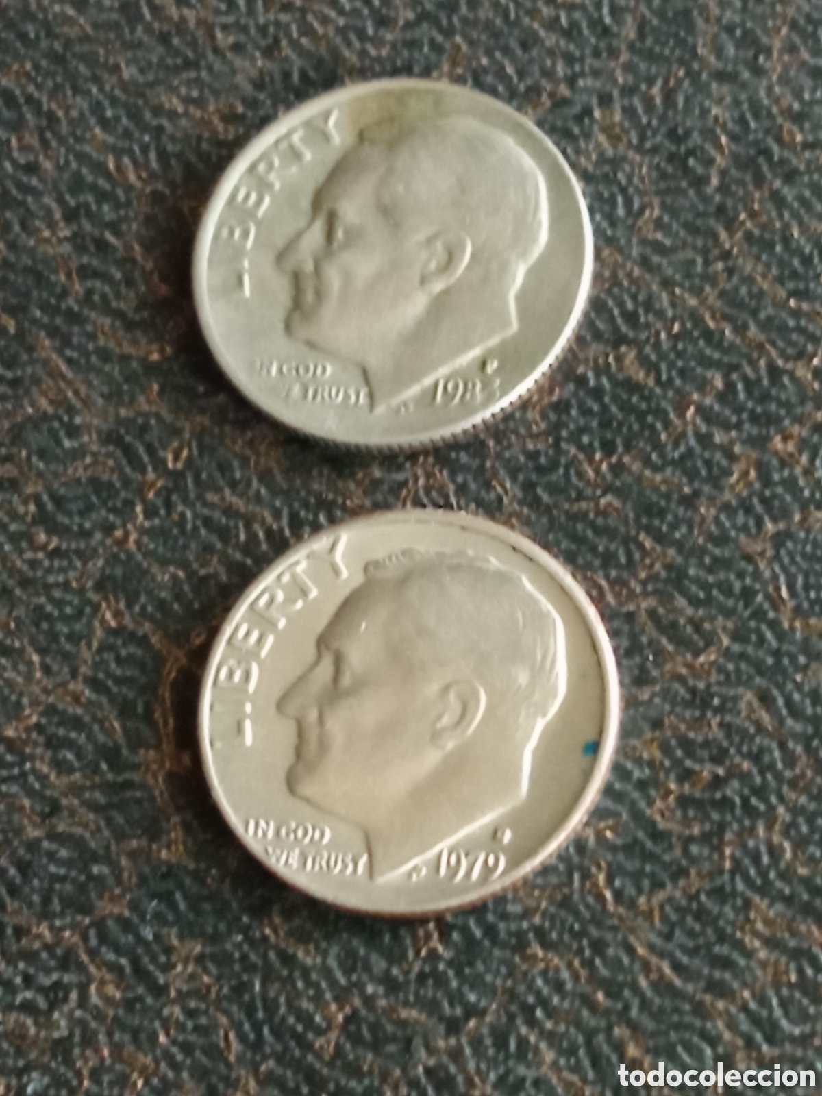 Old Coins of America: 2 monedas One Dime de Estados Unidos, de 1979 y 1983,muy buena conservaci&oacute;n