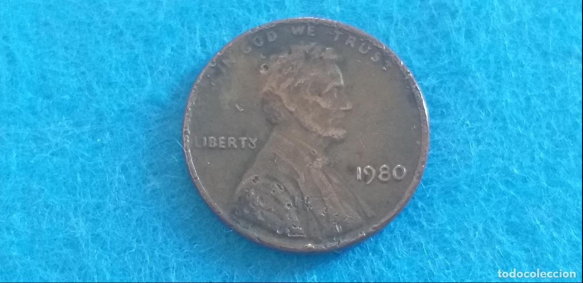 Monedas antiguas de Am&eacute;rica: MONEDA USA. ONE CENT. A&Ntilde;O 1980. ANVERSO ABRAHAM LINCOLN. REVERSO MONUMENTO A LINCOLN