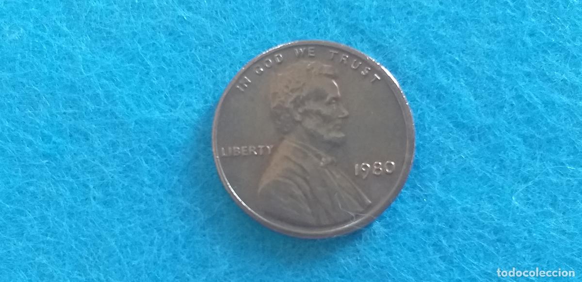 Monedas antiguas de Am&eacute;rica: MONEDA USA. ONE CENT. A&Ntilde;O 1980. ANVERSO ABRAHAM LINCOLN. REVERSO MONUMENTO A LINCOLN