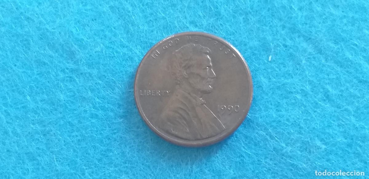 Monedas antiguas de Am&eacute;rica: MONEDA USA. ONE CENT. A&Ntilde;O 1990. ANVERSO ABRAHAM LINCOLN. REVERSO MONUMENTO A LINCOLN
