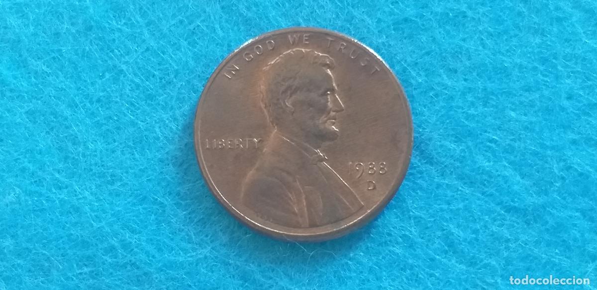 Monedas antiguas de Am&eacute;rica: MONEDA USA. ONE CENT. A&Ntilde;O 1988. D. ANVERSO ABRAHAM LINCOLN. REVERSO MONUMENTO A LINCOLN