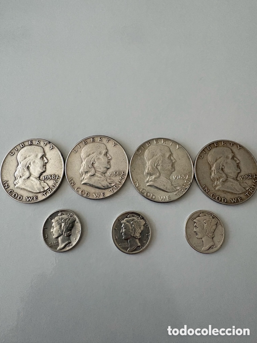 Monedas antiguas de Am&eacute;rica: Lote 7 Monedas Plata EE.UU. - Medios D&oacute;lares Franklin y Mercury Dimes