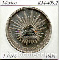 Monedas antiguas de Am&eacute;rica: M&Eacute;XICO 1908 (1), 1 PESO, KM-409.2, M&Eacute;XICO. AG, MBC, 2 FOTOS