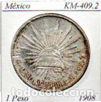 Monedas antiguas de Am&eacute;rica: M&Eacute;XICO 1908 (2), 1 PESO, KM-409.2, M&Eacute;XICO. AG, MBC, 2 FOTOS
