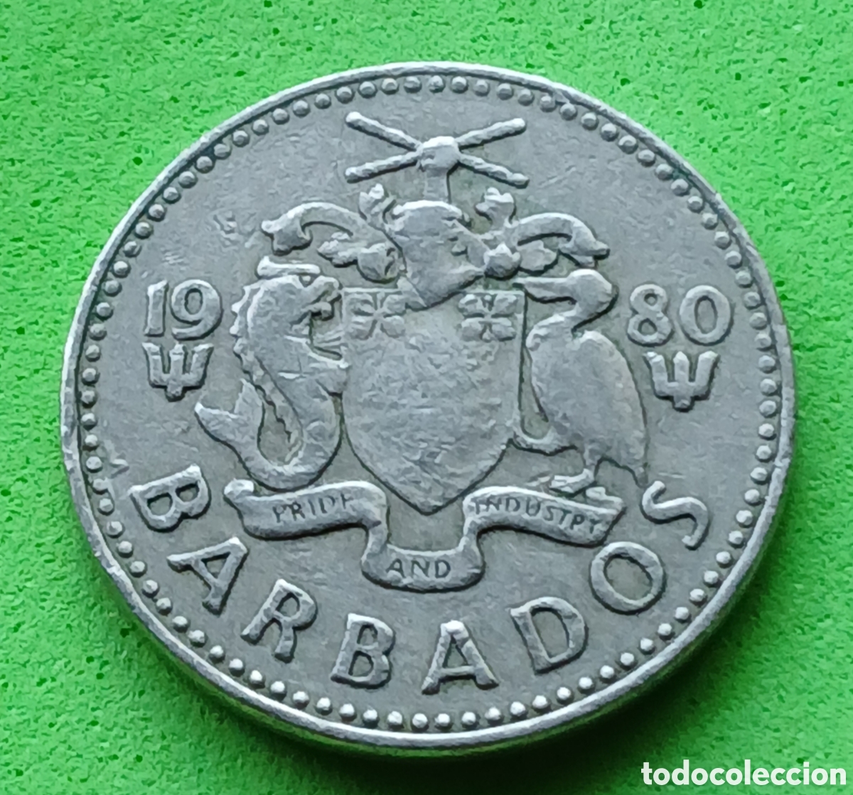Monedas antiguas de Am&eacute;rica: Barbados 25 cents 1980 km#13 sin marca de ceca