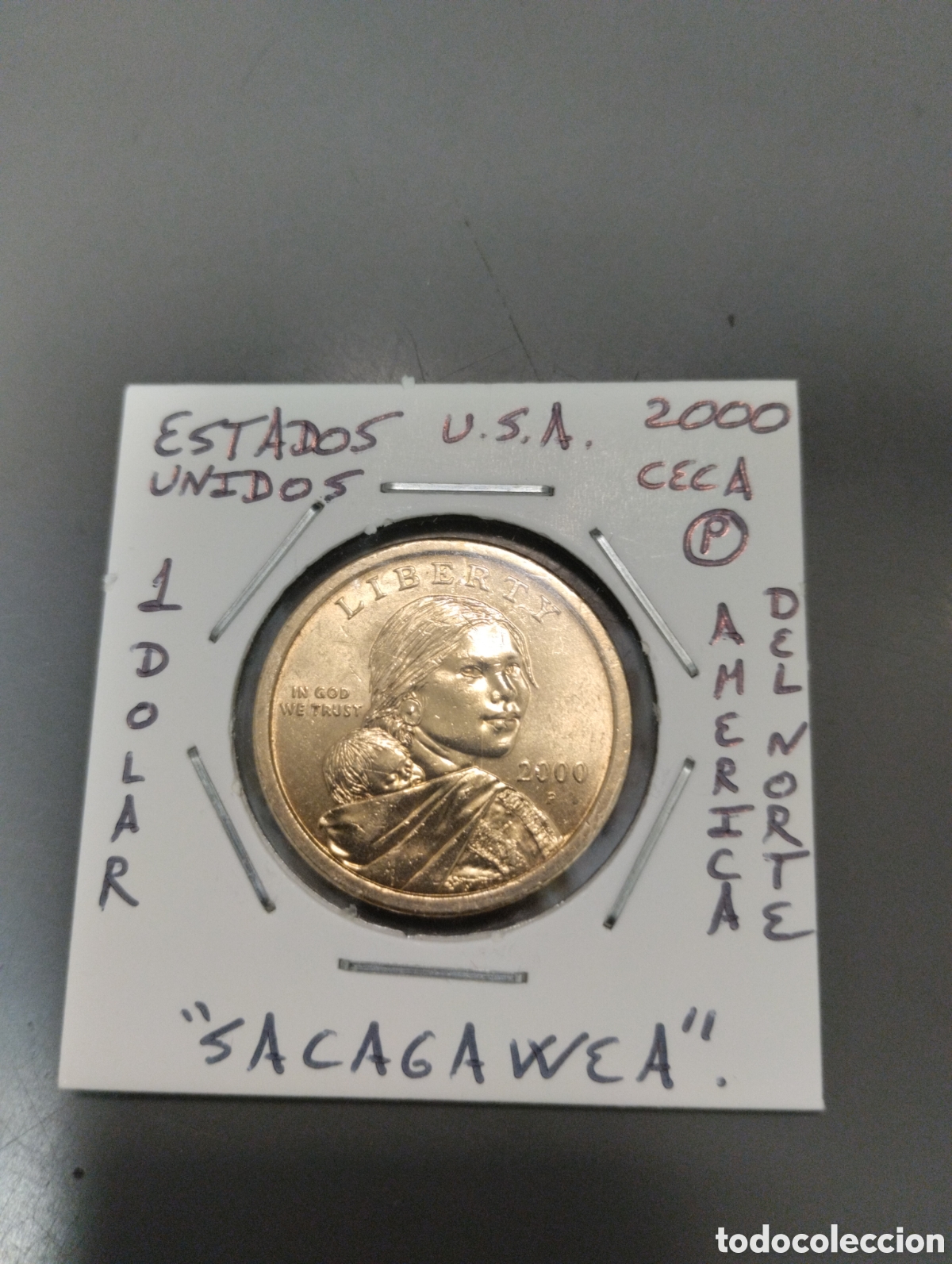 Monedas antiguas de Am&eacute;rica: Moneda 1 dolar usa a&ntilde;o 2000 ceca P sacagawea ebc encartonada