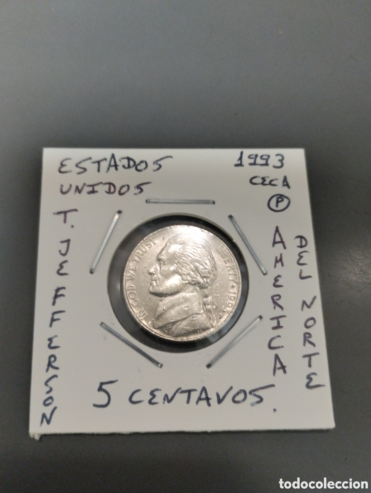 Monedas antiguas de Am&eacute;rica: Moneda de 5 centavos usa a&ntilde;o 1993 ceca P ebc encartonada