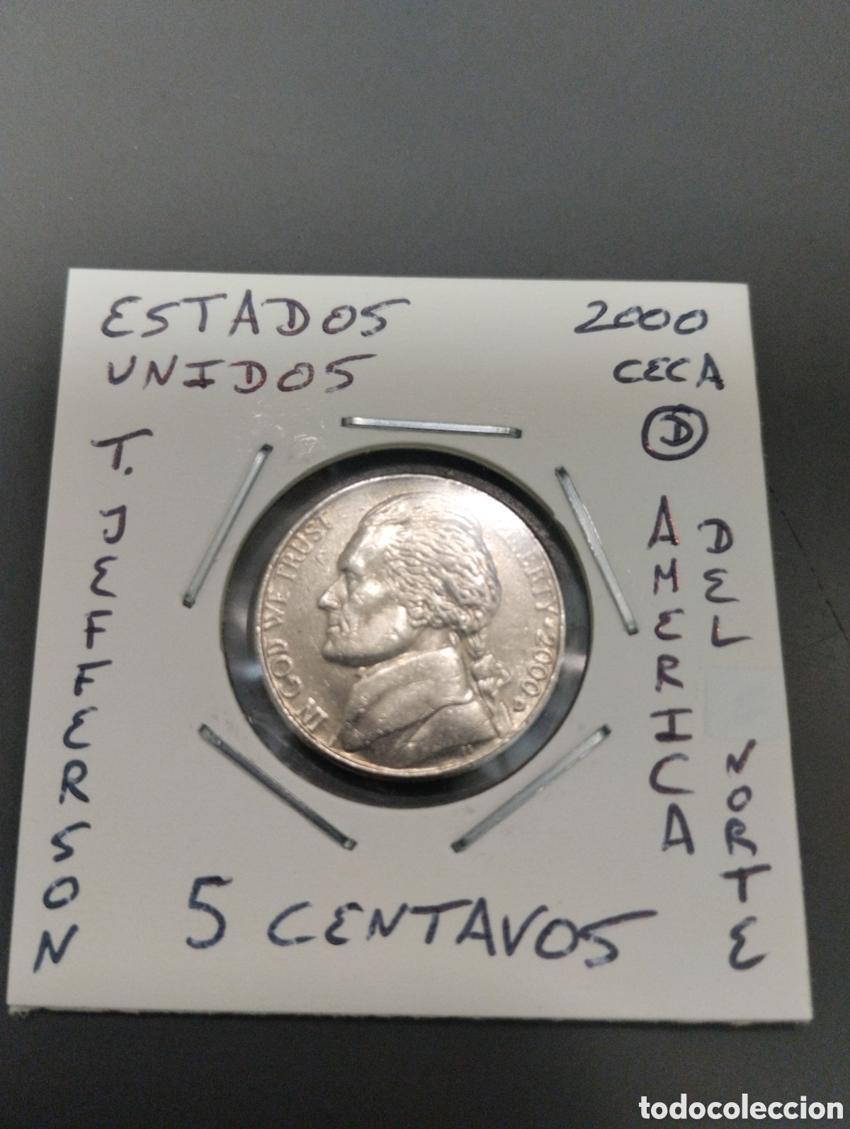 Monedas antiguas de Am&eacute;rica: Moneda de 5 centavos usa a&ntilde;o 2000 ceca D mbc encartonada