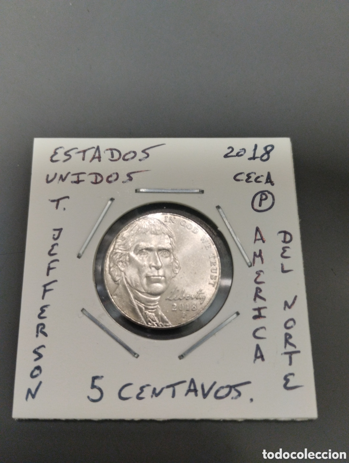 Monedas antiguas de Am&eacute;rica: Moneda de 5 centavos usa a&ntilde;o 2018 ceca P mbc encartonada