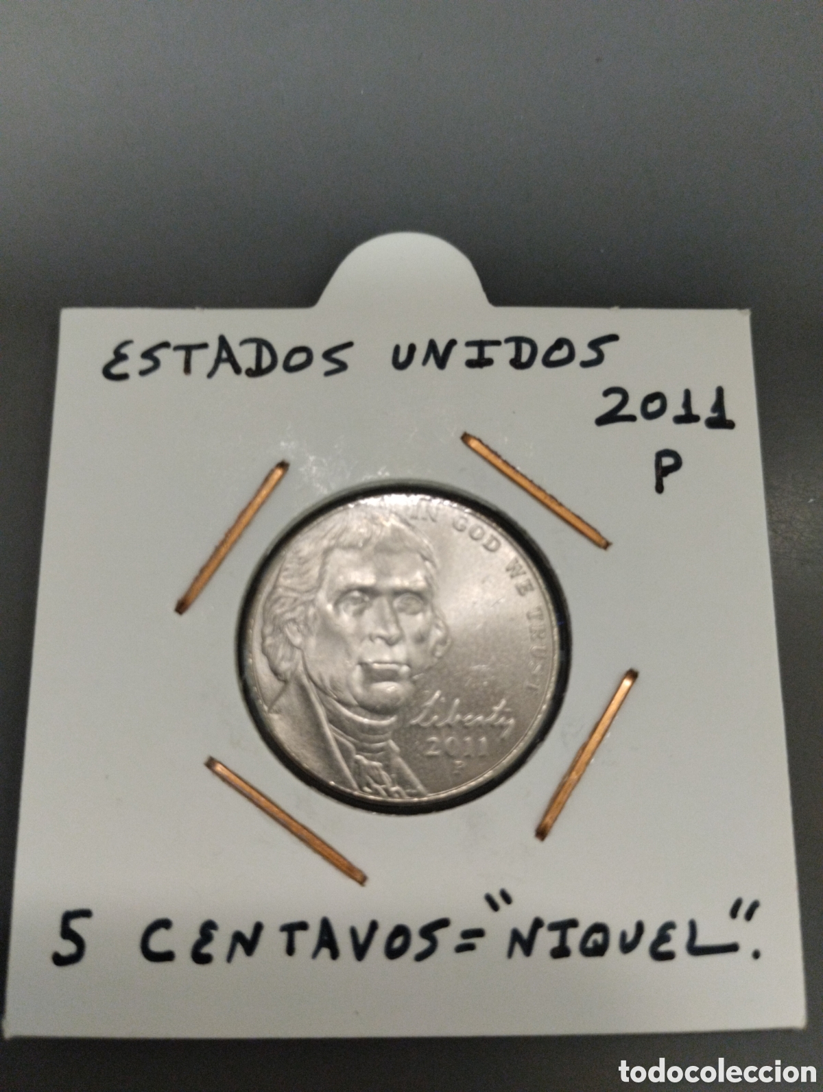 Monedas antiguas de Am&eacute;rica: Moneda de 5 centavos usa a&ntilde;o 2011 ceca P mbc encartonada