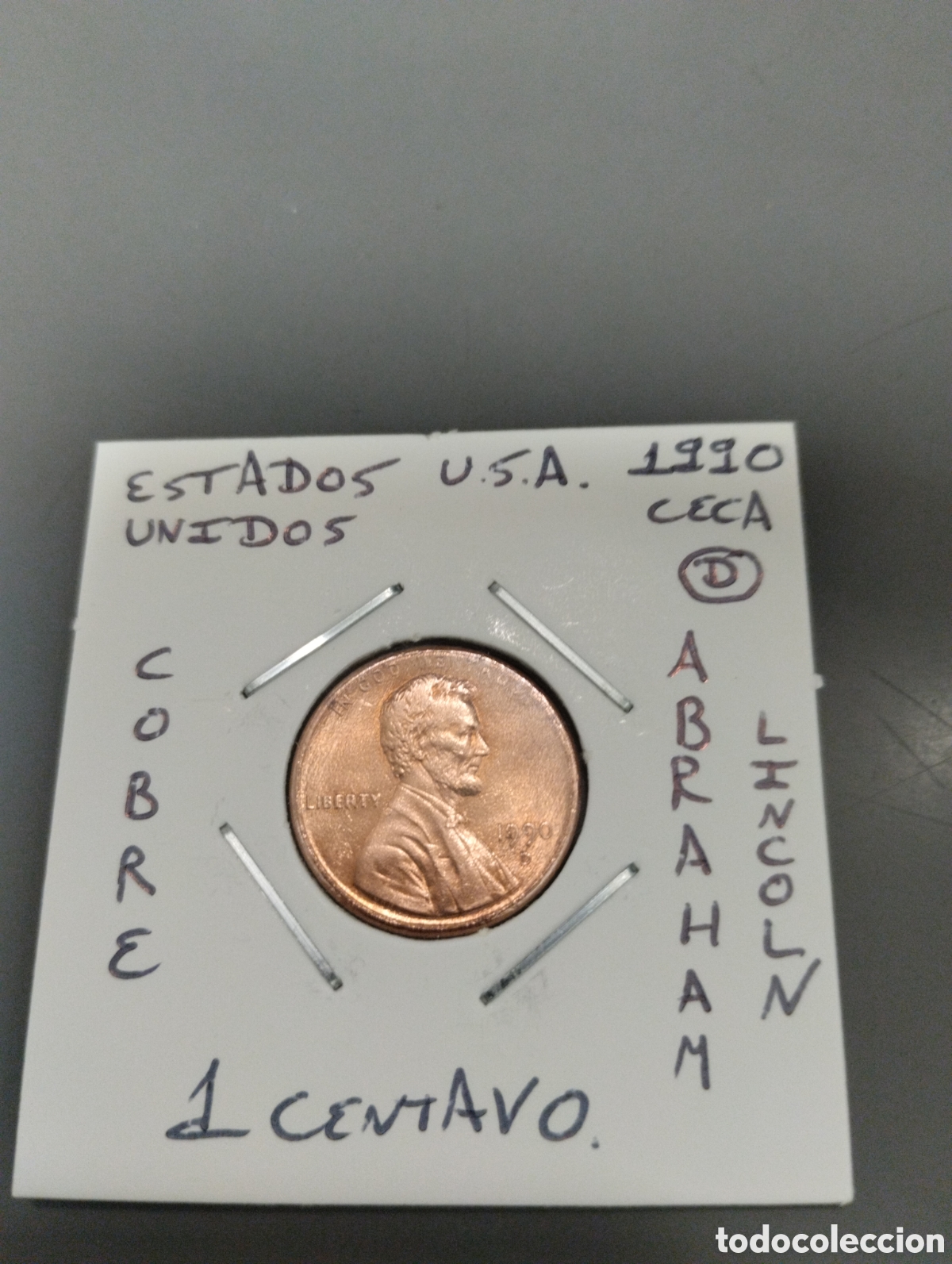 Monedas antiguas de Am&eacute;rica: Moneda 1 centavo usa a&ntilde;o 1990 ceca D mbc encartonada