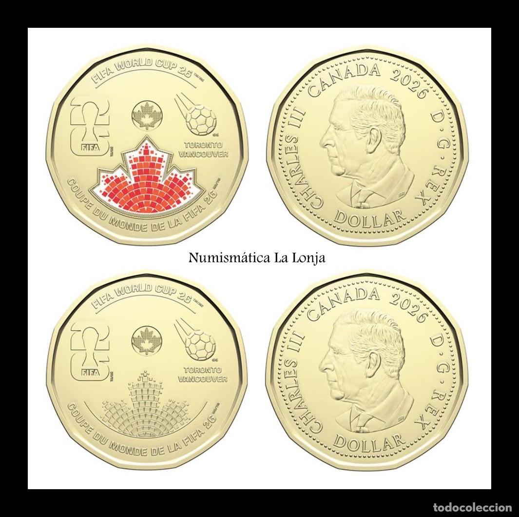 Monedas antiguas de Am&eacute;rica: Canad&aacute; Set 2 monedas 1 D&oacute;lar Copa Mundial de la FIFA 2026 Km Nuevo Sc Unc