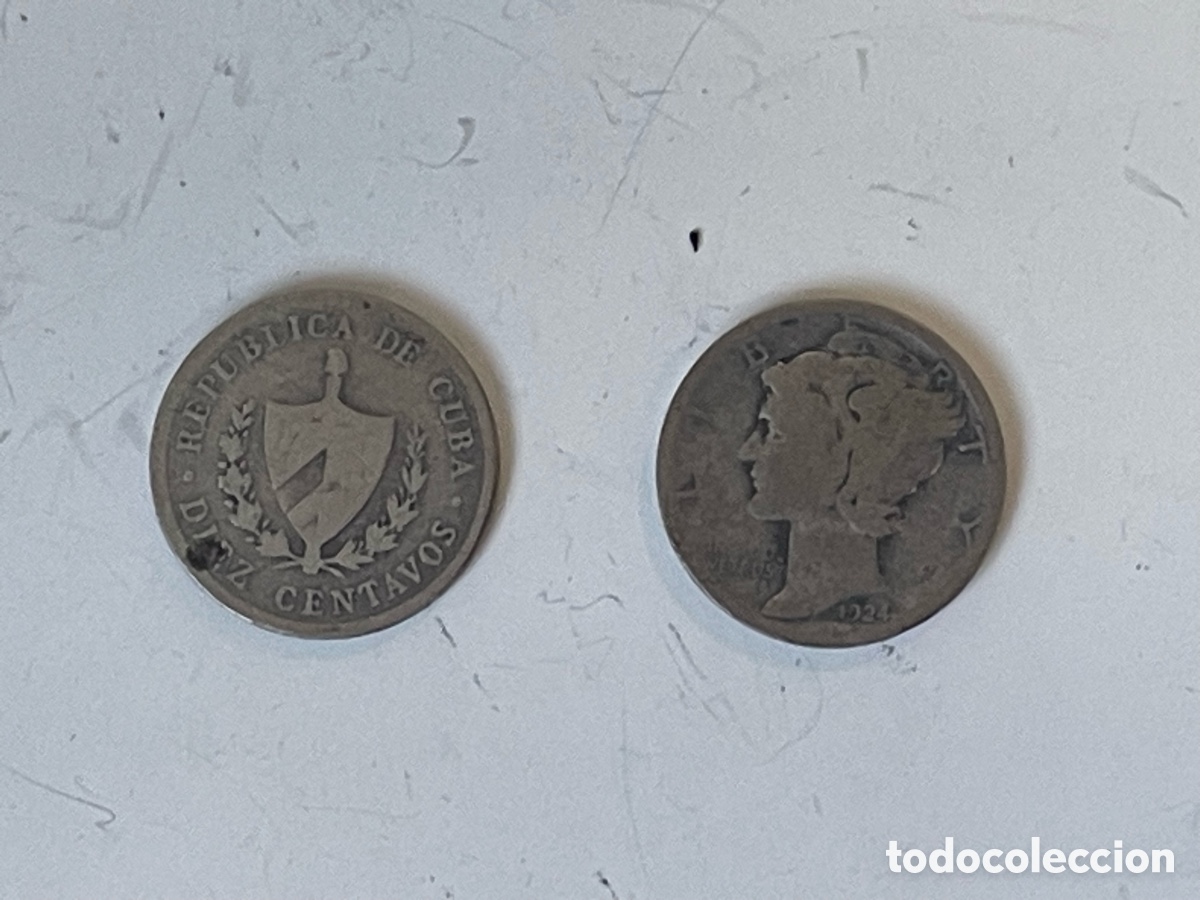 Monedas antiguas de Am&eacute;rica: Lote 2 monedas plata extranjera &mdash; Cuba 10 Centavos 1915 + Mercury Dime USA 1924
