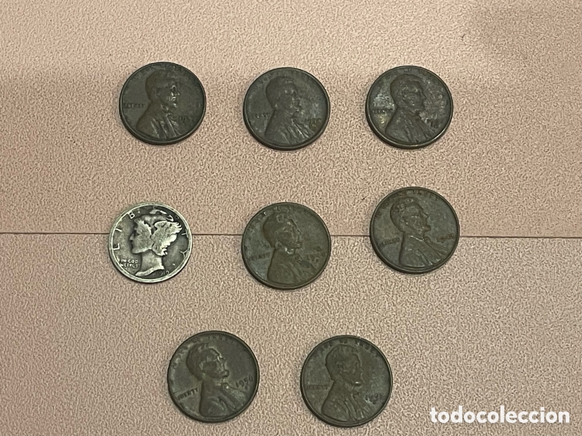 Monedas antiguas de Am&eacute;rica: Lote 8 monedas USA &mdash; 7 Lincoln Wheat Cents + Mercury Dime 1912 &mdash; plata