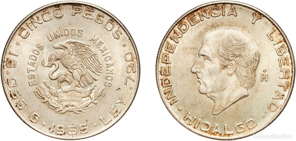 Monedas antiguas de Am&eacute;rica: Mexico United Mexican States 1955 Mo 5 Pesos Silver (.720) (Copper .280) Casa de Moneda de M&eacute;xico M