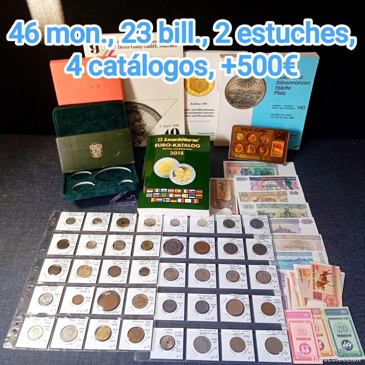 Monedas antiguas de Am&eacute;rica: ⚜️ +500&euro;. Lote Numism&aacute;tico Internacional: 46 Monedas, 23 Billetes Mundiales, Estuches y Cat&aacute;logos