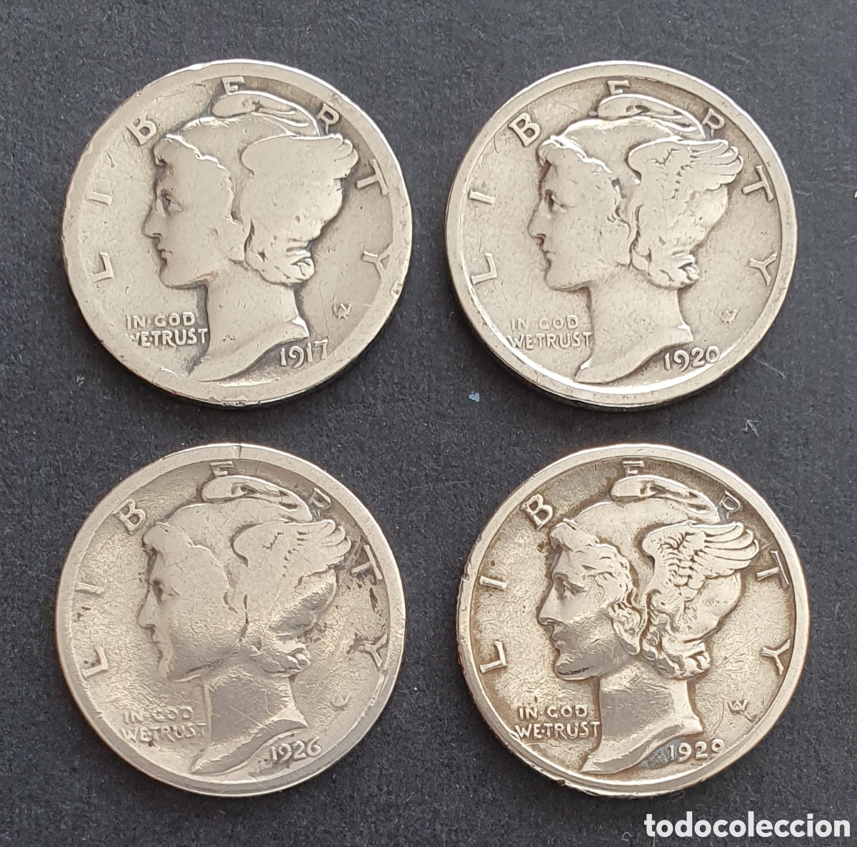 Monedas antiguas de Am&eacute;rica: EEUU 4 MONEDAS 1 DIME PLATA 1917-1929 FILADELFIA