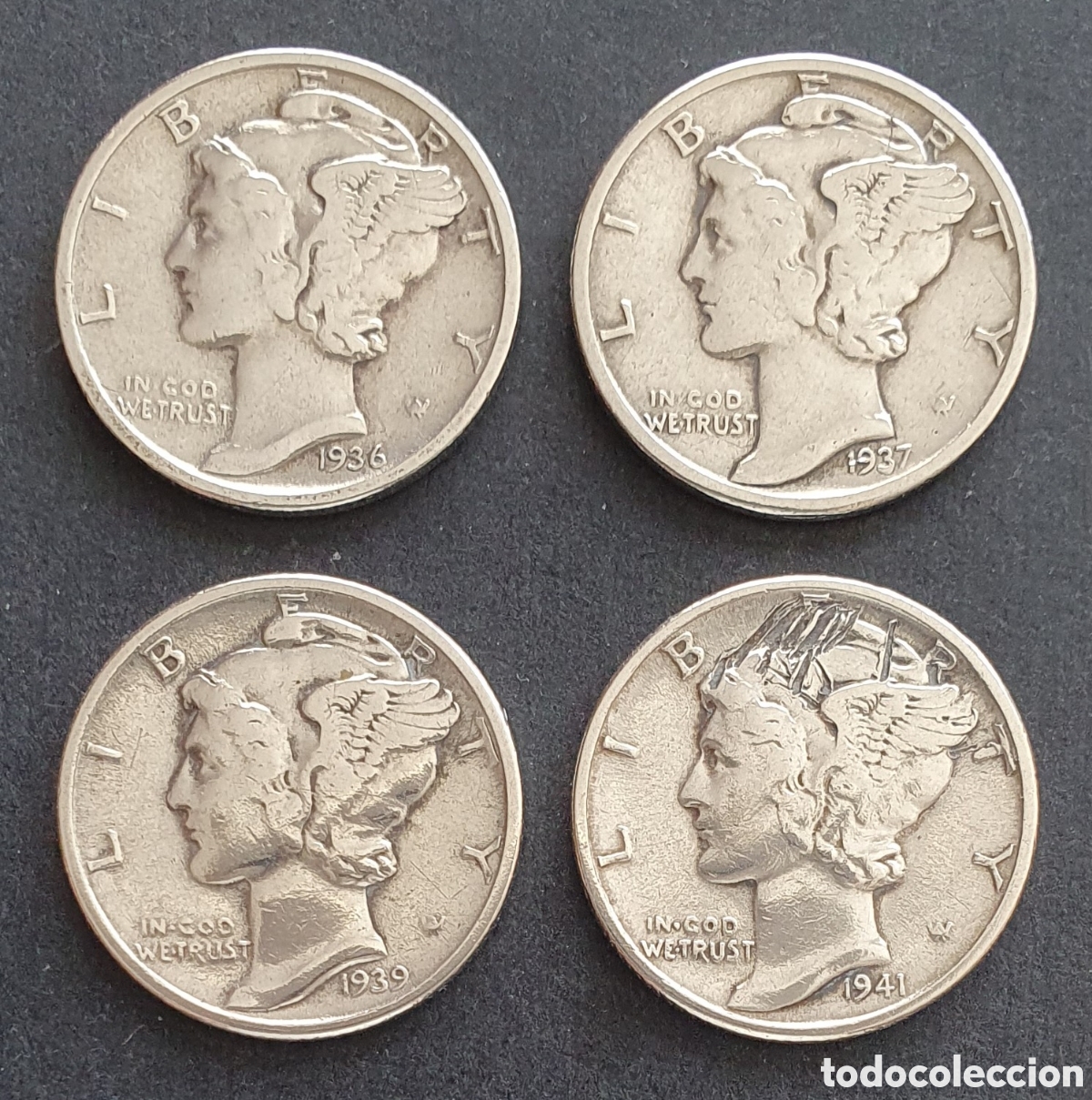 Monedas antiguas de Am&eacute;rica: EEUU 4 MONEDAS 1 DIME PLATA 1936-1941 FILADELFIA
