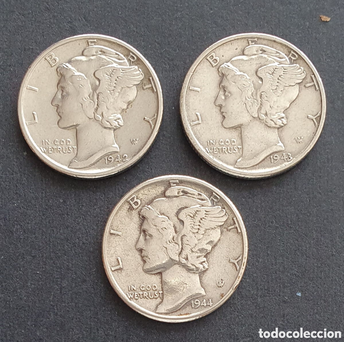 Monedas antiguas de Am&eacute;rica: EEUU 4 MONEDAS 1 DIME PLATA 1942-1944 FILADELFIA