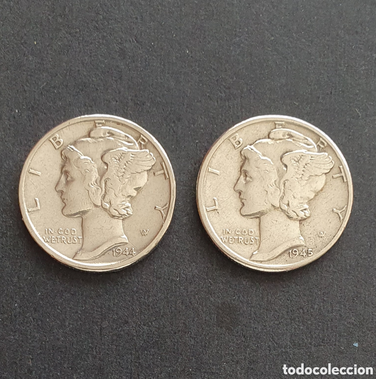 Monedas antiguas de Am&eacute;rica: EEUU 2 MONEDAS 1 DIME PLATA 1944-1945 D&Eacute;NVER