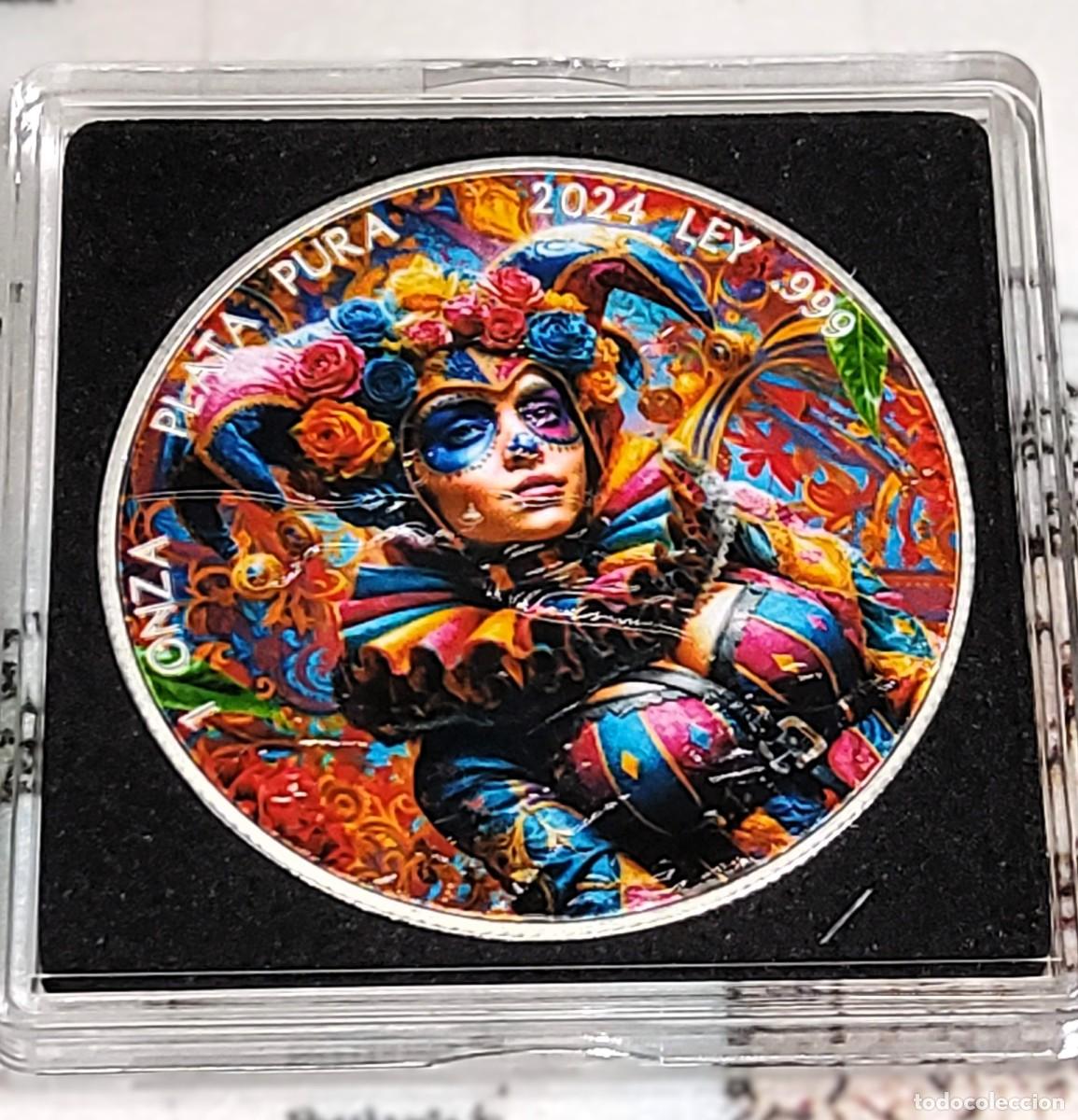Moedas antigas da Am&eacute;rica: 1 ONZA DE PLATA Y ESMALTES DE MEXICO DE 2024.DIA DE LOS MUERTOS.PLATA PURA 999.PROOF