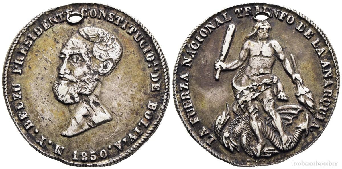 Monedas antiguas de Am&eacute;rica: *** ESCASA MEDALLA (4 SOLES) DE BOLIVIA. 1850. POTOS&Iacute;. Belz&uacute; Presidente Constitucional. PLATA ***