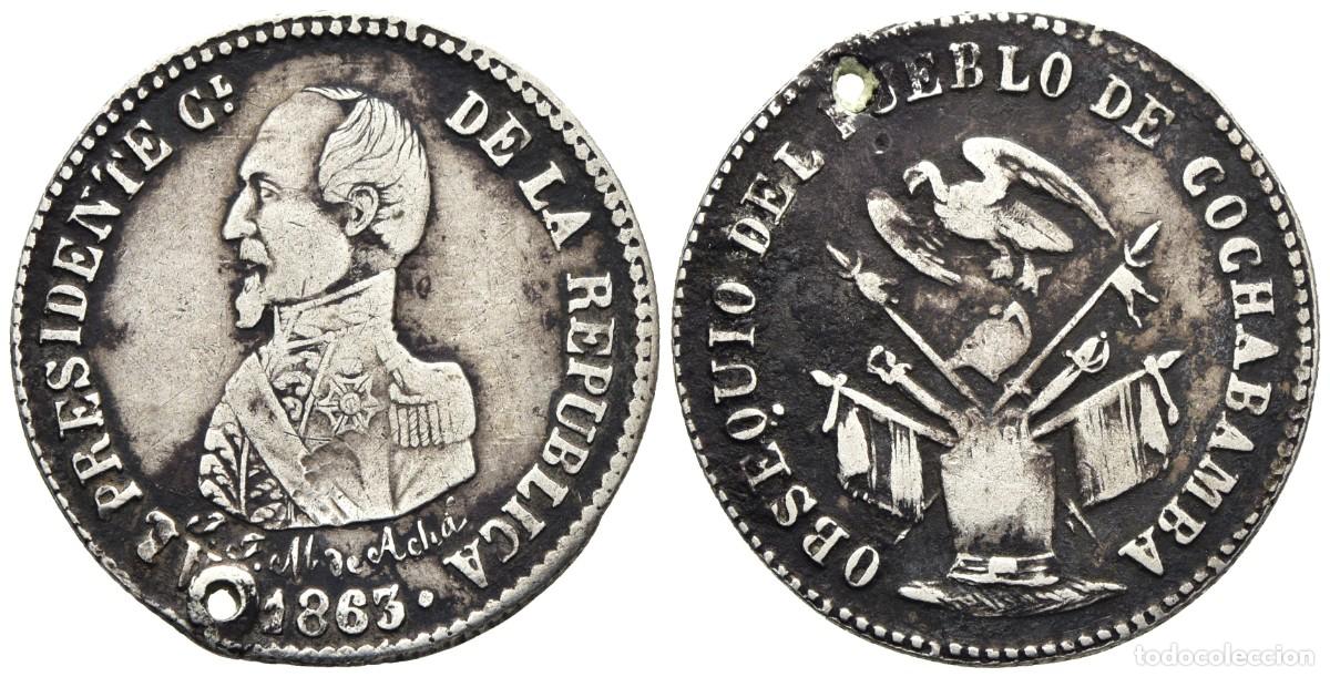 Monedas antiguas de Am&eacute;rica: *** ESCASA MEDALLA (2 SOLES) DE BOLIVIA. 1863. COCHABAMBA. Gral.Mariano Acha. PLATA ***