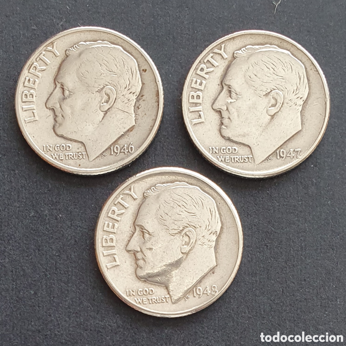 Monedas antiguas de Am&eacute;rica: EEUU 3 MONEDAS 1 DIME 1946-1948 FILADELFIA