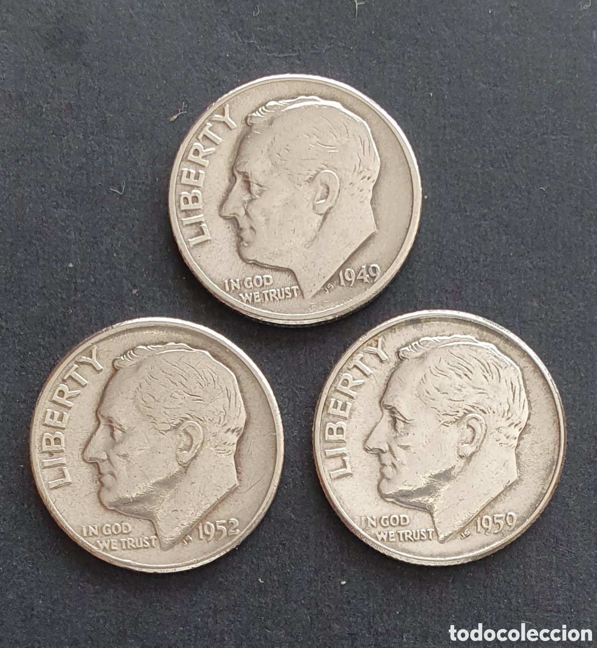 Monedas antiguas de Am&eacute;rica: EEUU 3 MONEDAS 1 DIME PLATA 1949-1959 FILADELFIA