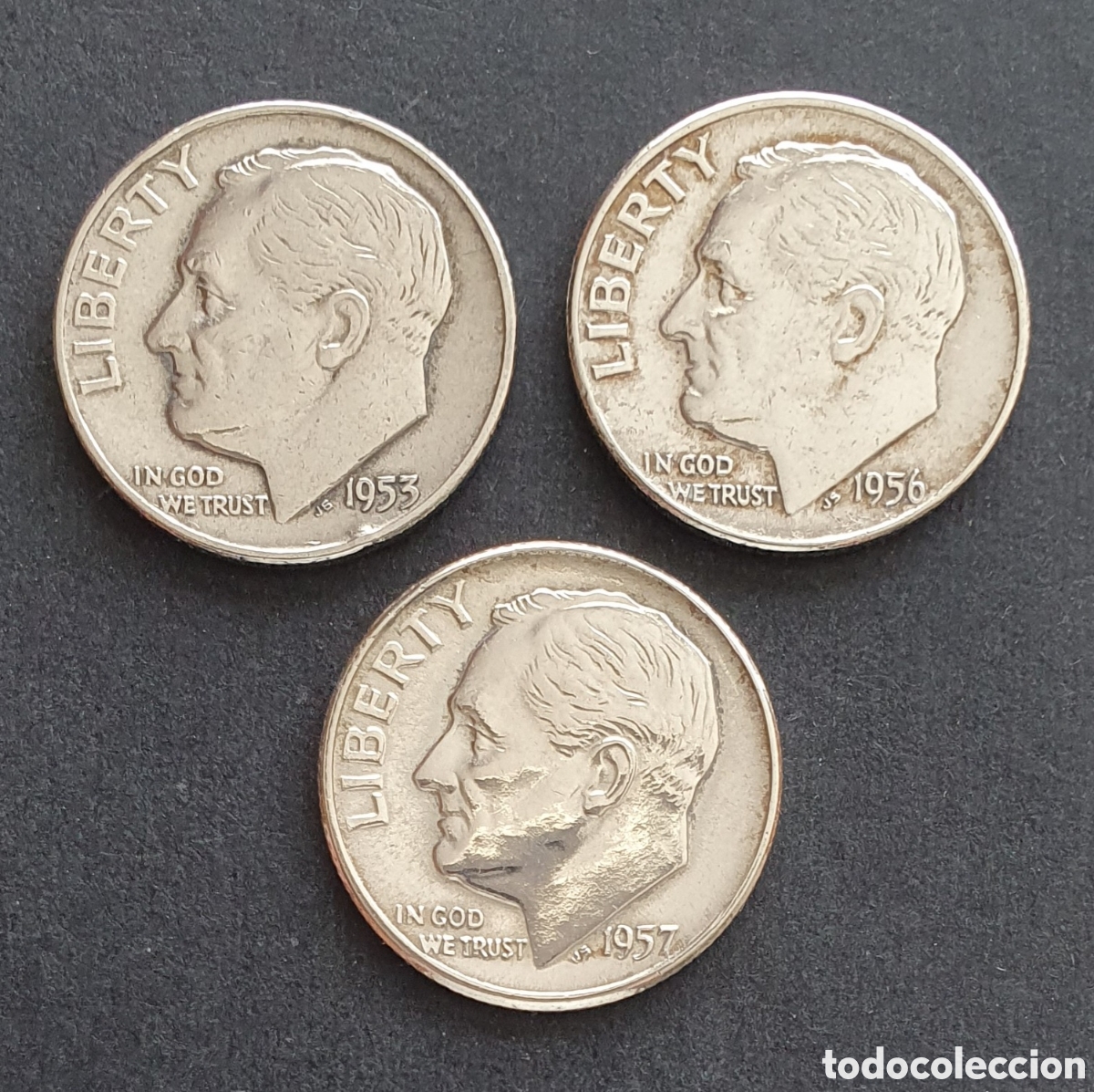 Monedas antiguas de Am&eacute;rica: EEUU 3 MONEDAS 1 DIME PLATA 1953-1957 D&Eacute;NVER