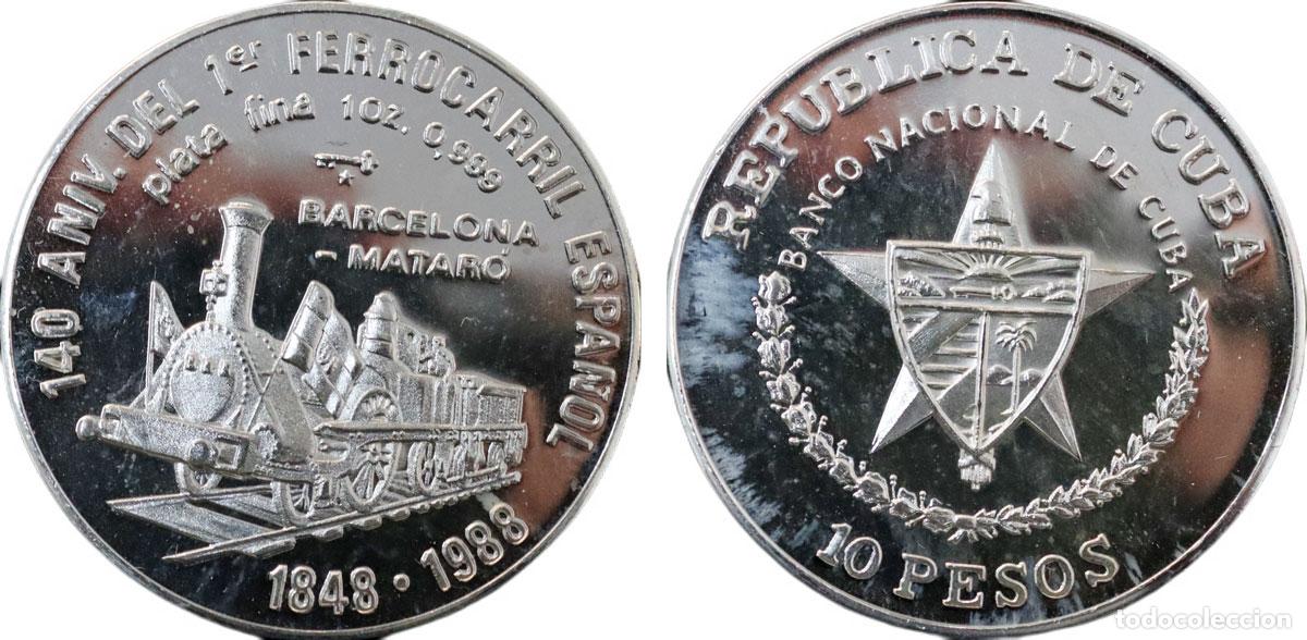 Monedas antiguas de Am&eacute;rica: CUBA 1988 140 ANIV 1&ordf; FERROCARRIL ESPA&Ntilde;OL 1 ONZA *Mint 5000* 10 PESOS