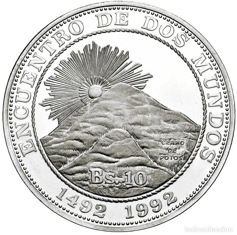 Monedas antiguas de Am&eacute;rica: BOLIVIA 10 bolivianos plata 1991 Cerro Potosi - Encuentro entre dos mundos
