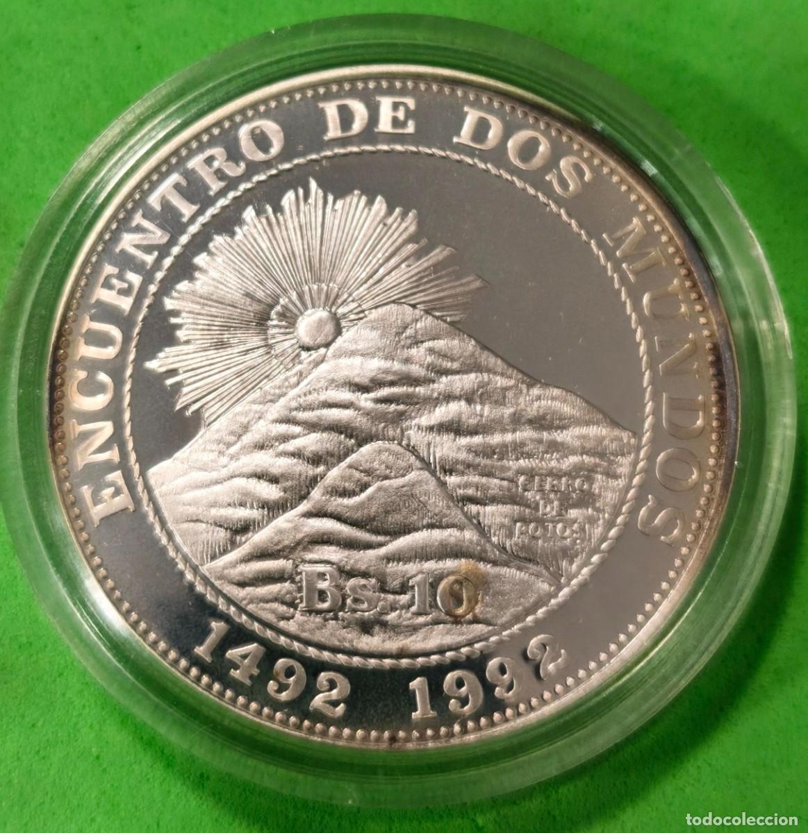 Monedas antiguas de Am&eacute;rica: BOLIVIA. A&Ntilde;O 1991. 10 BOLIVIANOS PLATA, ENCUENTRO ENTRE DOS MUNDOS. PESO 27 GR