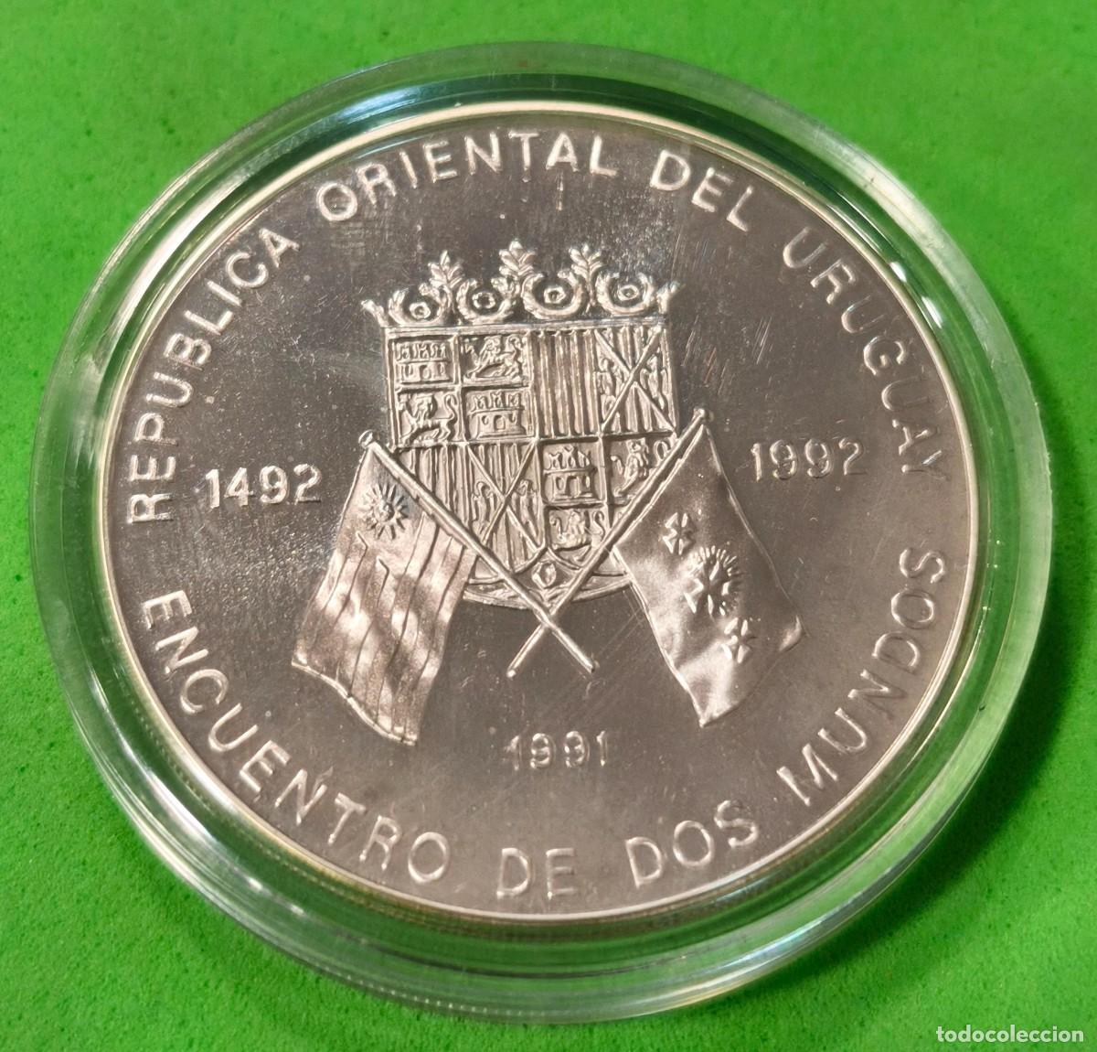 Monedas antiguas de Am&eacute;rica: URUGUAY. A&Ntilde;O 1991.50.000 PESOS PLATA ENCUENTRO ENTRE DOS MUNDOS. PESO 27 GR
