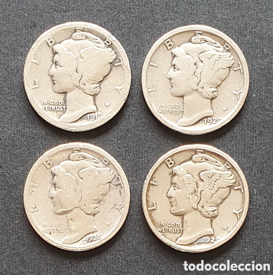 Monedas antiguas de Am&eacute;rica: EEUU 4 MONEDAS 1 DIME PLATA 1917-1929 FILADELFIA
