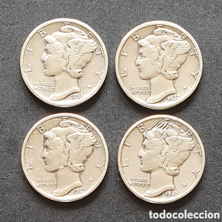 Monedas antiguas de Am&eacute;rica: EEUU 4 MONEDAS 1 DIME PLATA 1936-1941 FILADELFIA