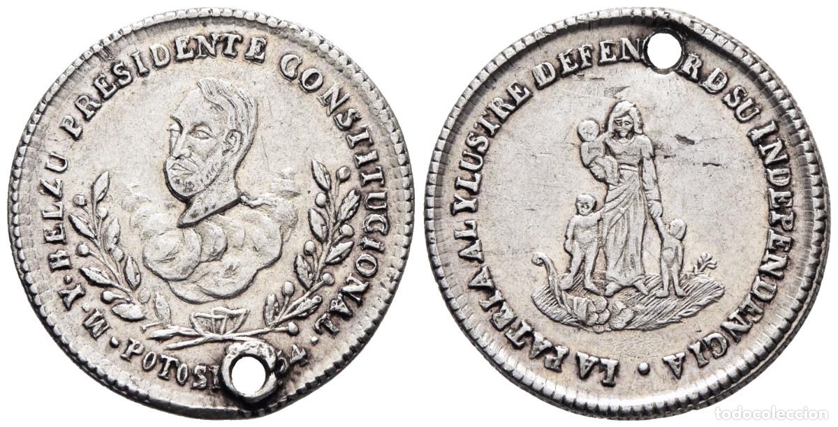 Monedas antiguas de Am&eacute;rica: *** ESCASA MEDALLA (1 SOL) DE BOLIVIA. 1854. POTOS&Iacute;. 4&ordm; Aniversario Presidente Belz&uacute;. PLATA ***