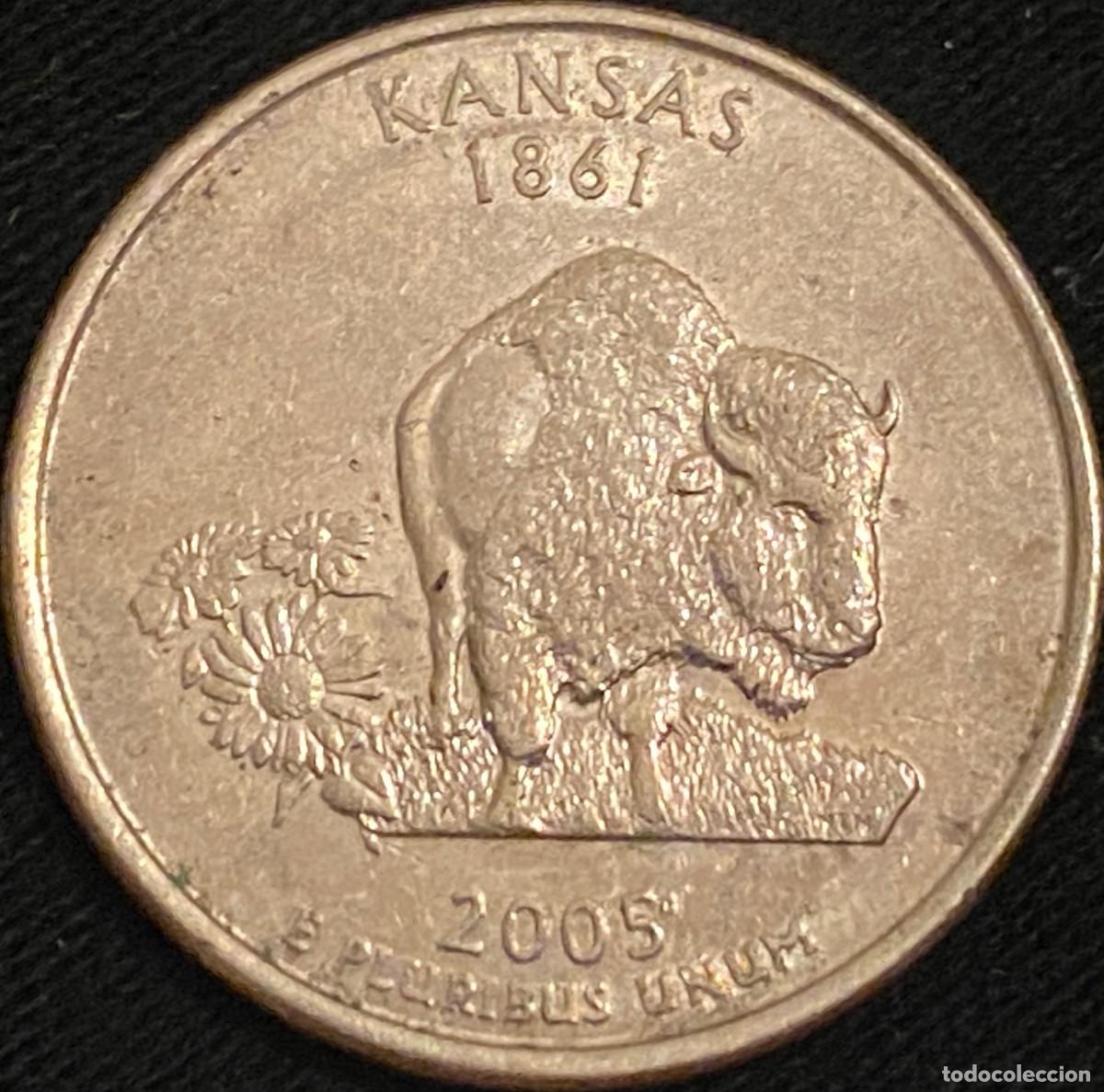 Monedas antiguas de Am&eacute;rica: 1 Quarter (25 centavos de d&oacute;lar). USA. A&ntilde;o 2005. Ceca D. Estado de Kansas, bisonte. Buen estado.