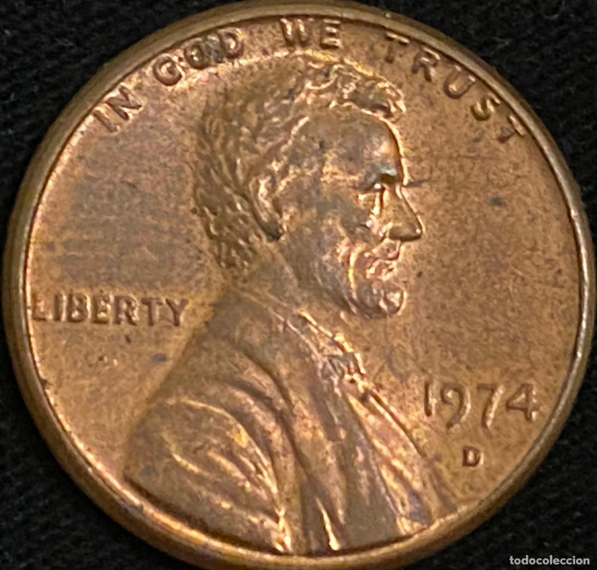 Monedas antiguas de Am&eacute;rica: 1 Pennie (1 centavo de d&oacute;lar). USA. A&ntilde;o 1974. Ceca D. Presidente Abraham Lincoln. Estado aceptable.