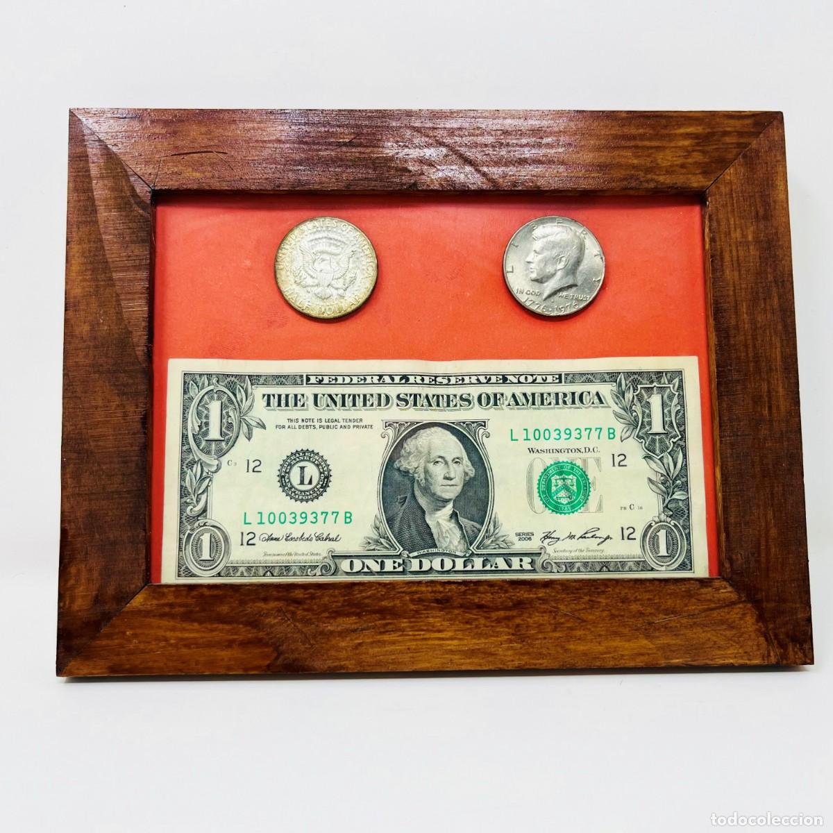 Monedas antiguas de Am&eacute;rica: Cuadro Artesanal Numism&aacute;tico EEUU | Billete 1 D&oacute;lar + Half Dollar Kennedy Plata 1968 y Bicentenario
