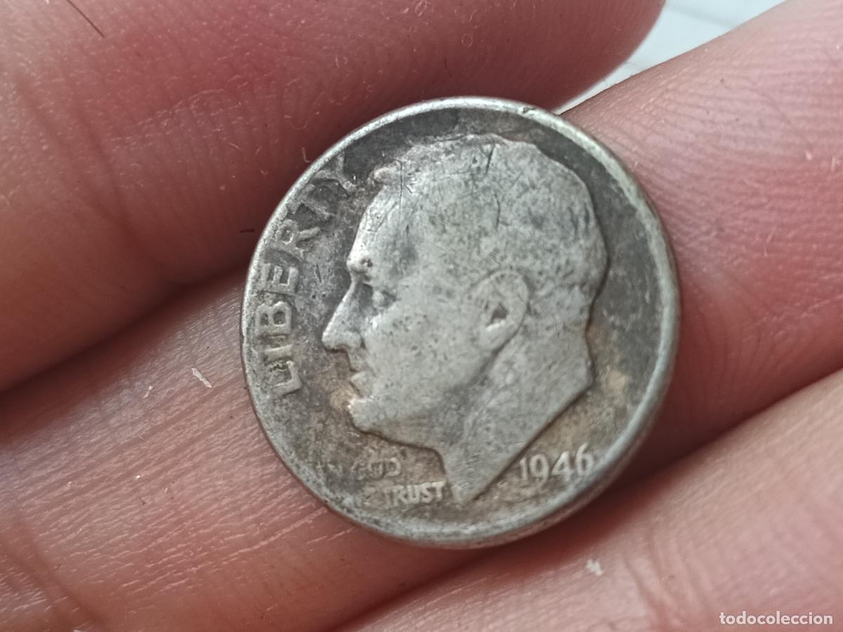 Monedas antiguas de Am&eacute;rica: Estados Unidos. Dime de plata de 1946 con soldadura