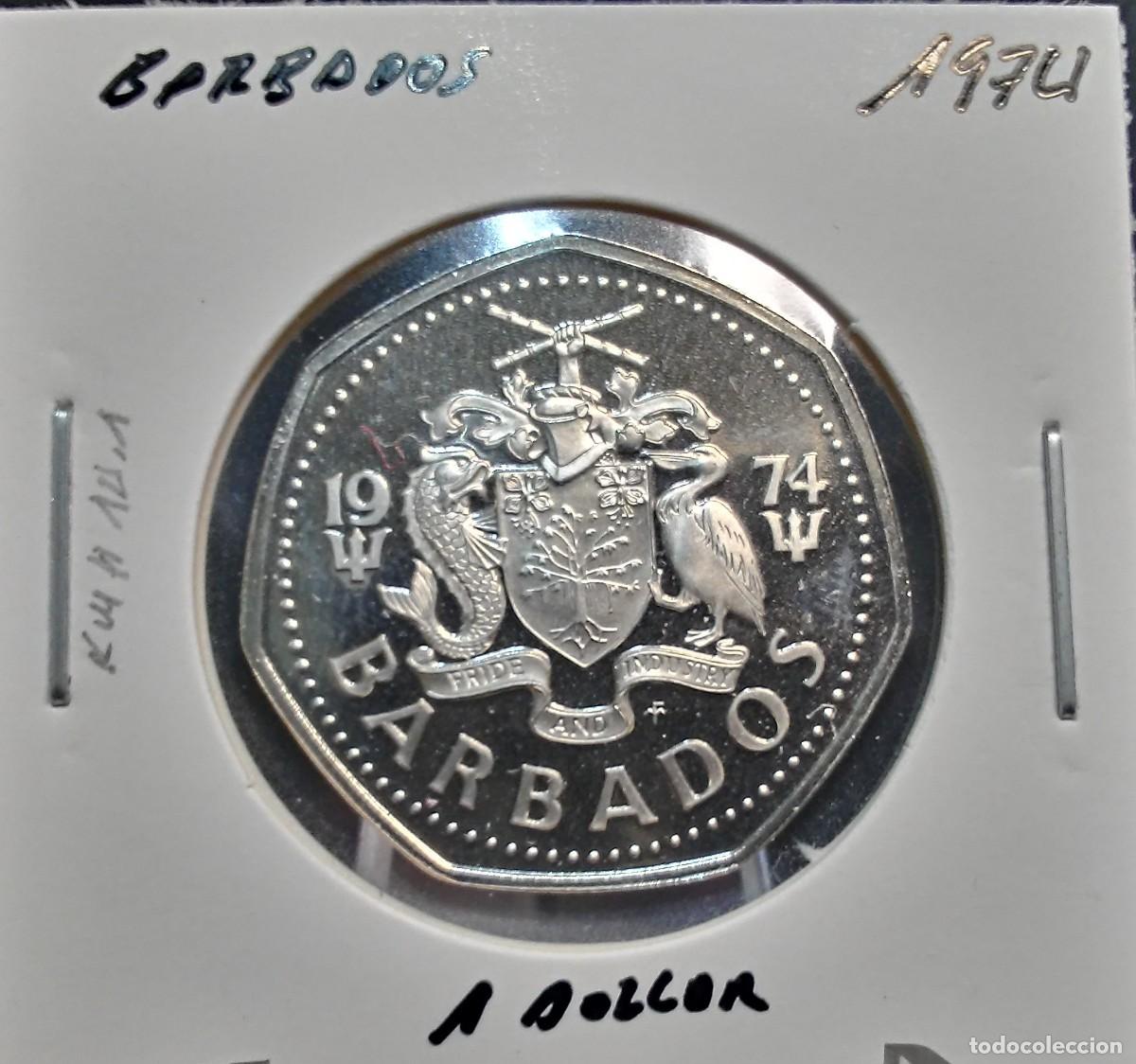 Monedas antiguas de Am&eacute;rica: BARBADOS 1 D&Oacute;LAR / DOLLAR 1974 KM#14.1 PROOF.