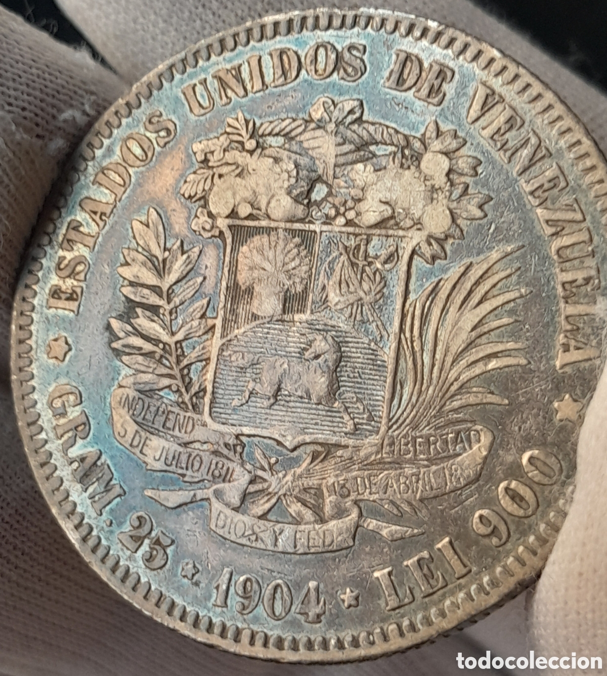 Old Coins of America: 5 bolivares 1904, moneda plata
