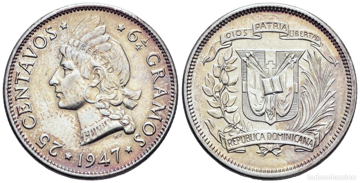 Monedas antiguas de Am&eacute;rica: *** MAGN&Iacute;FICOS 25 CENTAVOS DE REP. DOMINICANA. 1947, PHILADELPIA. KM#20, PLATA ***