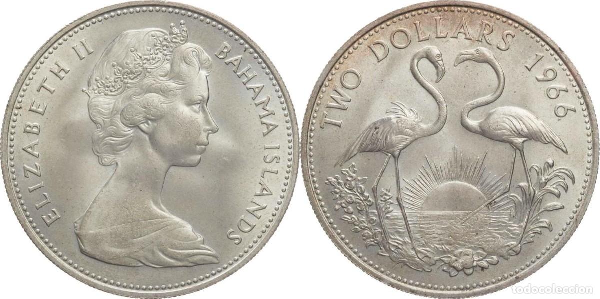 Monnaies anciennes d'Am&eacute;rique: BAHAMAS 2 DOLARES (DOLLARS) PLATA 1966 FLAMENCOS S/C