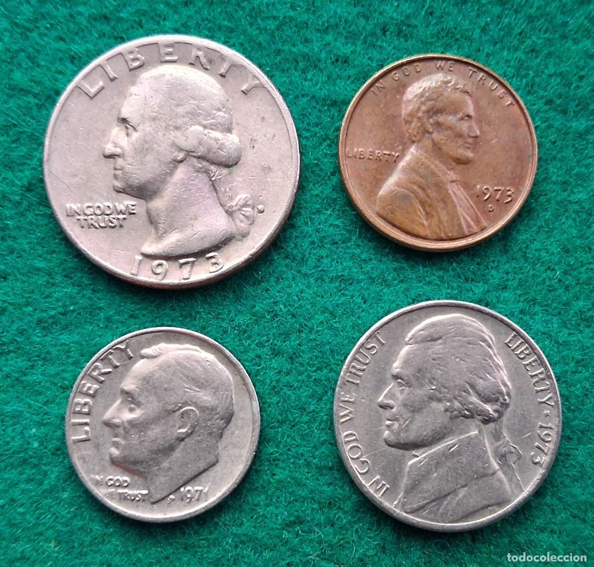 Monedas antiguas de Am&eacute;rica: Lote 4 monedas de Estados Unidos de Am&eacute;rica 1973 y 1971 ( Dollar ) monedas Americanas Dolar, USA