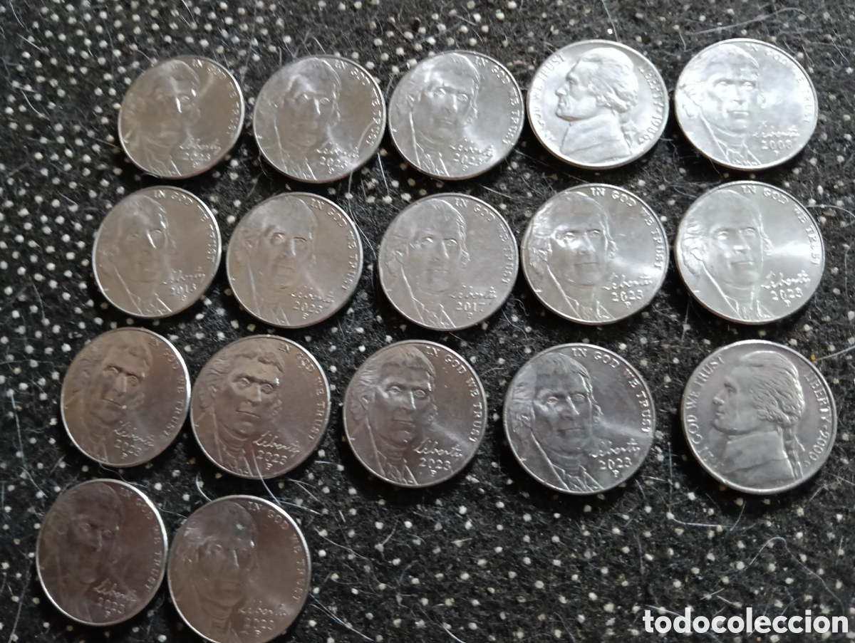 Monedas antiguas de Am&eacute;rica: Lote de 17 monedas de 5 centavos de Estados Unidos con varios a&ntilde;os -2023-1986-2017-2000-2013-P-